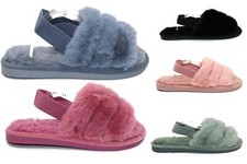 Girls Faux Fur Fluffy Sliders Flat Warm Slippers Buckle Sandals Furry Mules Shoe