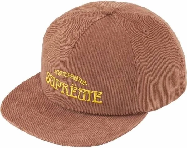 Casquette snapback marron 5 panneaux velours côtelé logo champagne suprême réglable