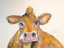 cow animal farm watercolor 9x12 painting art Delilah