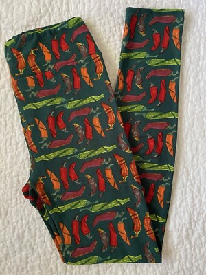 LuLaRoe Leggings OS Red Orange Jalapeño Chili Hot Peppers On Green