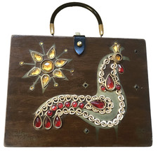 Vintage Enid Collins of Texas Golden Cockerel wooden box bag, 1964