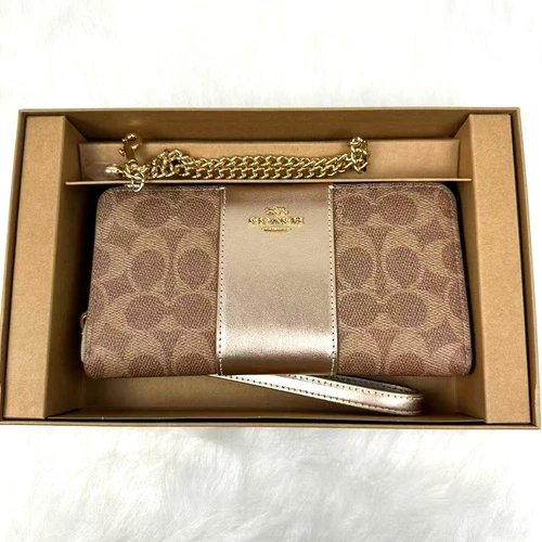Portafoglio Coach Boxato Lungo Cerniera Intorno Firmato Tela Tan Lt Champagne CX178 Nuovo con etichette