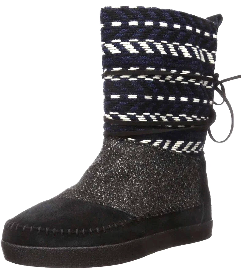 Bota de Moda TOMS Nepal para Mujer, Negra, Mezcla de Lana Blanca, Gamuza, Cuero Plana ~ 7.5 Foto 4 de 4