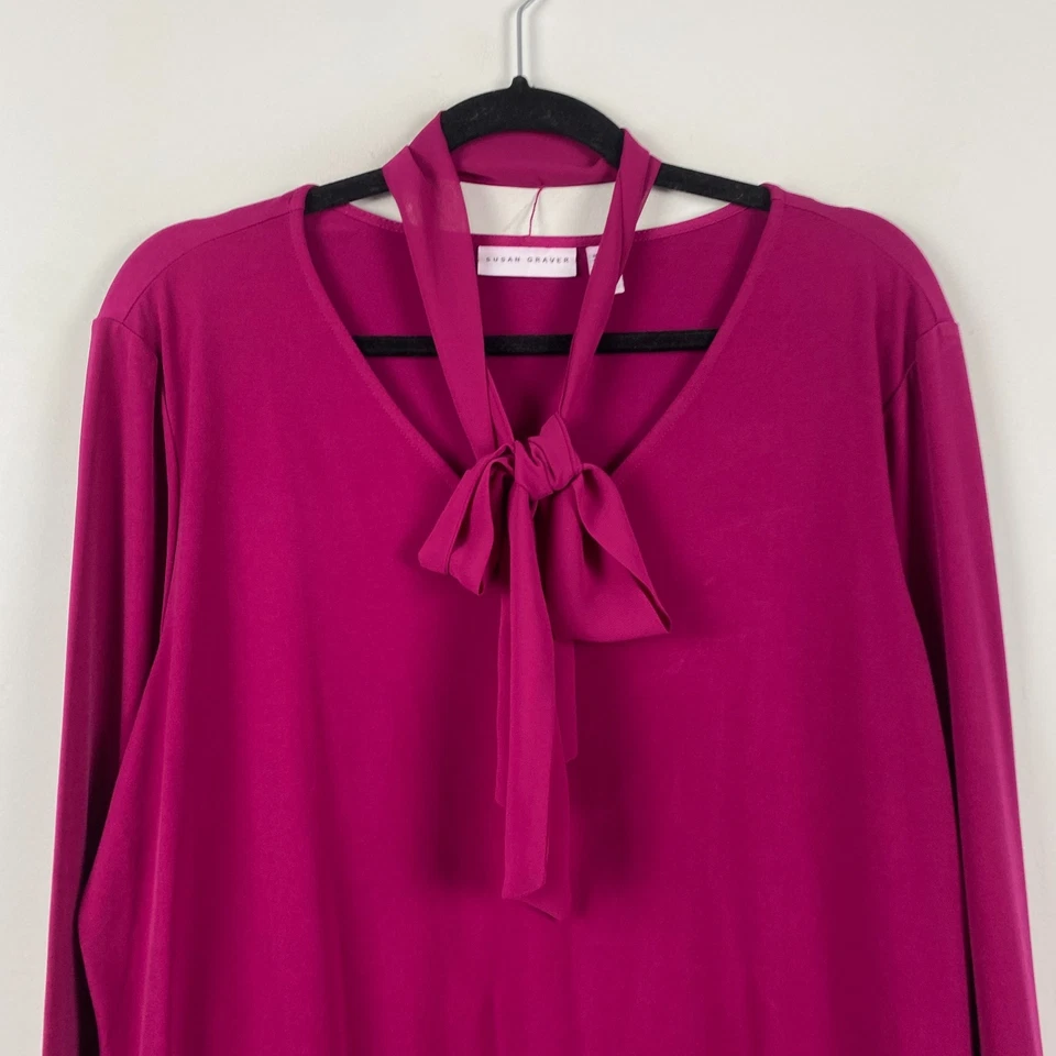 Túnica de punto líquido Susan Graver talla L peplum chifón superposición lazo cuello A308258 Foto 2 de 4