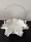 Vintage 1960s Fenton Silver Crest Milk Glass Basket White Ruffled Clear Handle