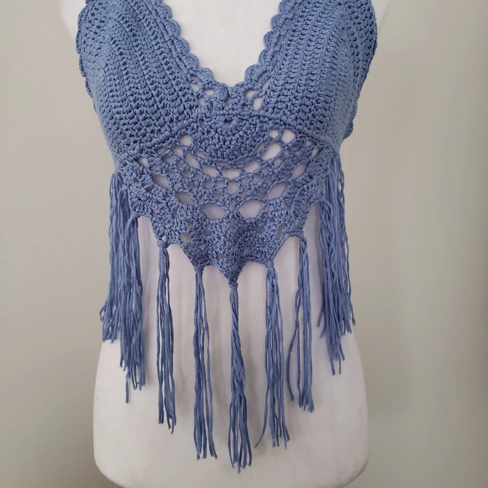 Top halter tejido a ganchillo para mujer GRANDE Y2K concierto feria playa flecos boho hippie Foto 2 de 4