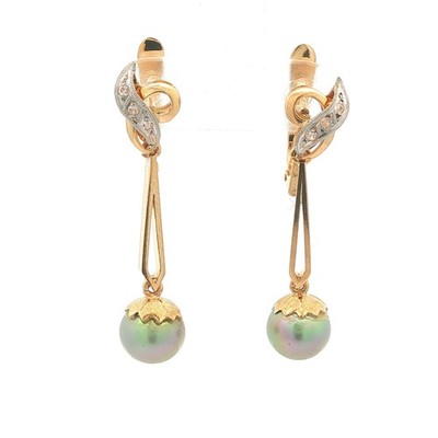 Lange Ohrhänger Vintage Retro massiv Gold weiße Steine 7,4 mm graue Perle