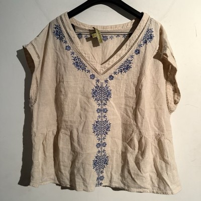 Sigrid Olsen Signature XL Top Linen Blend Embroidered V Neck Boho Coastal Beachy