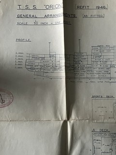 Rare 1946/47 TSS ORION Ocean Liner Deck Plan – Vickers Armstrongs Shipyard Stamp