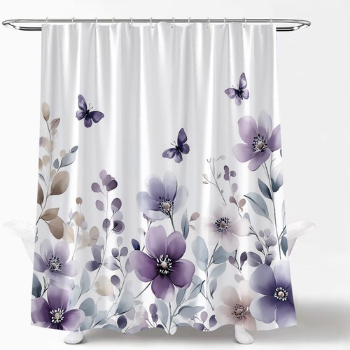 Purple Floral Shower Curtain Lilac Watercolor Flower Butterfly Spring - Picture 4 of 4