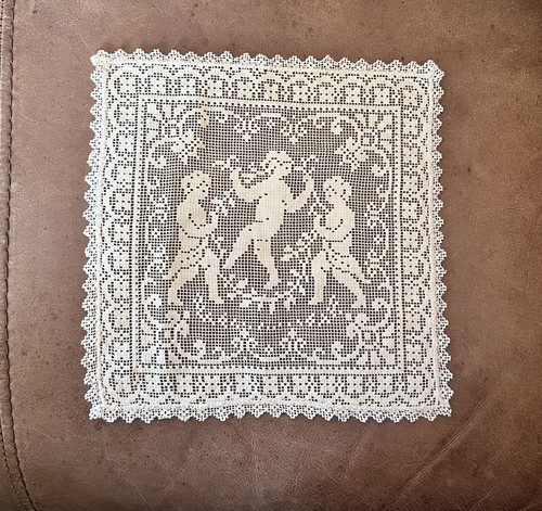 Antique French Figural Filet Lace 3 Cherubs Angels or Woodland Dancers