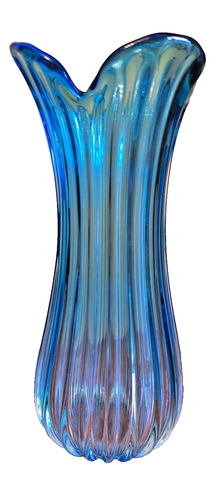 MID CENTURY L.E. SMITH GLAS PFAU BLAU STRETCH GESCHWUNGENE VASE, FETTER BODEN 11,5" - Bild 1 von 4