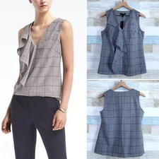 Banana Republic Wool Cascade Ruffle Top Gray Windowpane Womens Small Petite SP