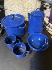 Blue Enamelware Metal Rims 8 Pc Camping Dish Set Cups Bowls Kettle Pot Blue Enamelware Metal Rims 8 Pc Camping Dish Set Cups Bowls Kettle Pot