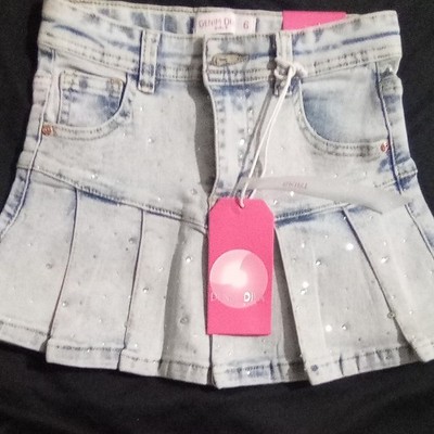 Denim DI Girls Size 6 Blue Denim Pleated Rhinestone Button Short Skirt Solid