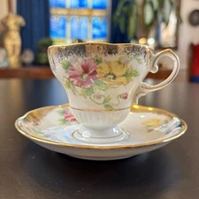 Vtg Floral Footed Teacup & Saucer Gold Trim Pink Yellow Flowers Elegant China