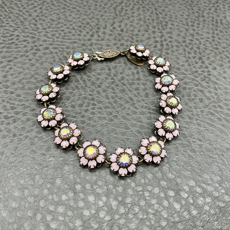 Liz Palacios SF 花卉手链粉色珐琅 AB 水晶签名金色链接 7 — 第 3/4 张图片