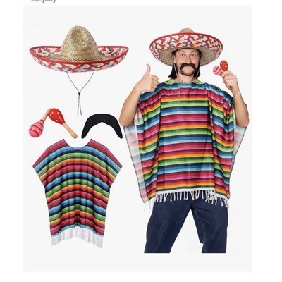 Unitttype 6-Pc Mexican Costume Complete Outfit: Sombrero Striped Poncho Maracas