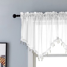 Sheer Valance Curtain, Beaded Tassel Trim, Rod Pocket Cafe Window Decor, White