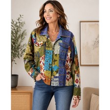 Chico's Sz 3 Wearable Art Patchwork Quilted Jacket Boho Button Front XL Casual