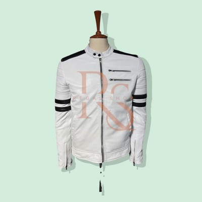 Men s White Lambskin Leather Jacket Premium Biker Motorcycle Cafe Racer Style