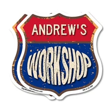 Andrew's Workshop Shield Shaped Sign Weather Resistant Crafted in the USA
