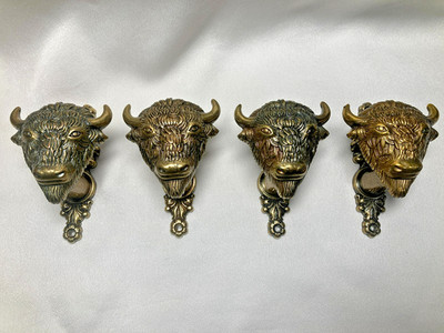 Set of 4 VTG Metal Bison Heads- Gun Holders, Knobs, Hooks; New Old Stock