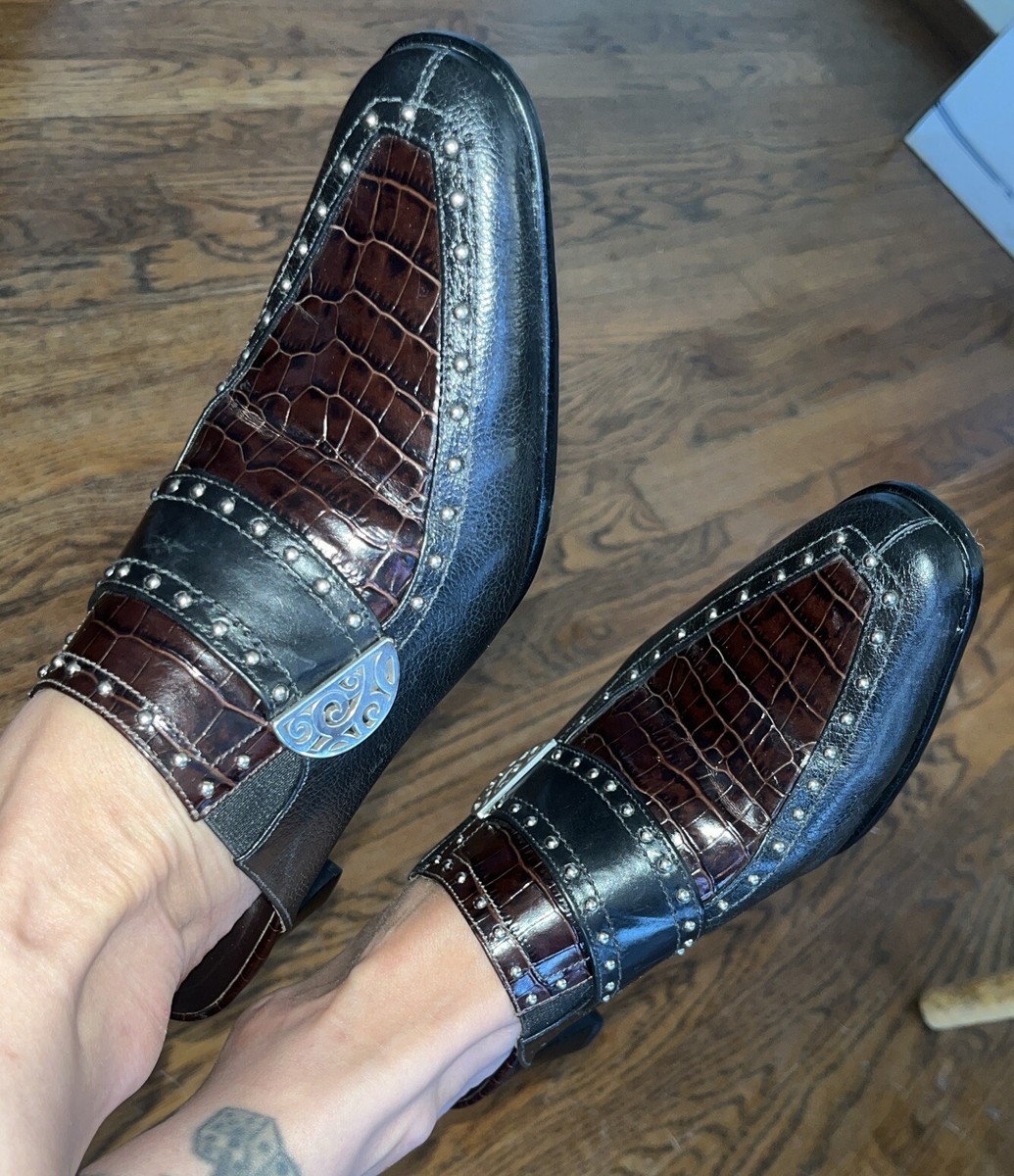 Brighton Black Brown Croco Theme Slip-on Mules Studded Heels  display picture 3