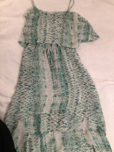 100% Silk Hi Low Length Sun Dress Green And White Print Size Small - Picture 2 of 4