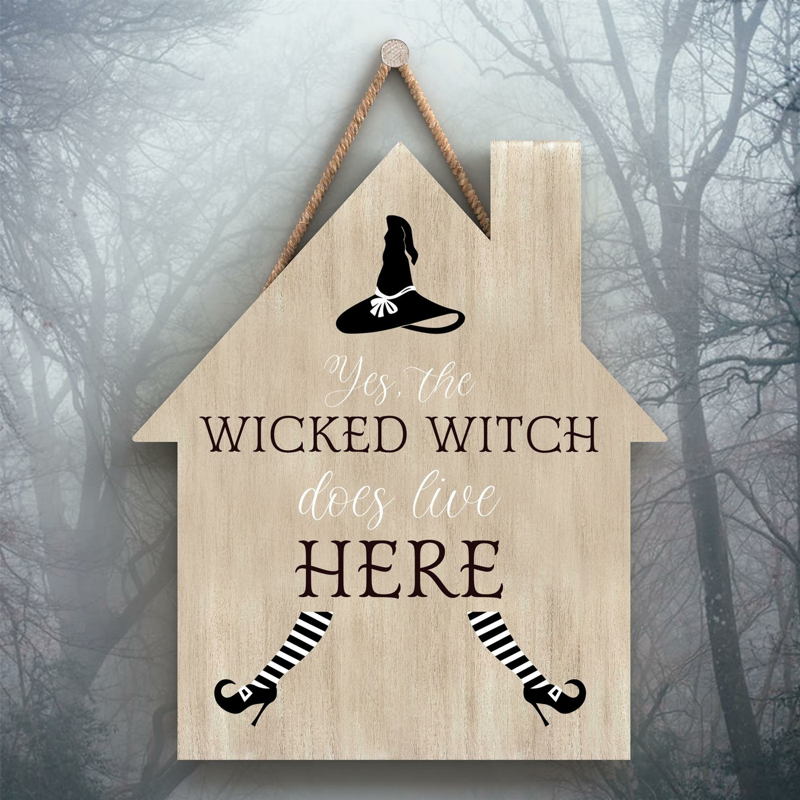 WICKED WITCH LIVES HERE HOUSE SHAPED WITCHCRAFT THEMED HALLOWEEN WOODEN PLAQUE