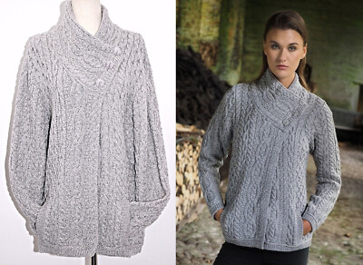 Aran Crafts Irish Merino Wool Asymmetric  3 Button Cable Knit  28''Long Jacket XL