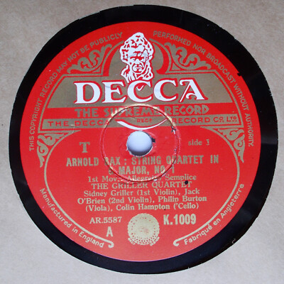 Bax: String Quartet No. 1 / Griller Quartet/ Decca K. 1009-12,  4 × 78rpm