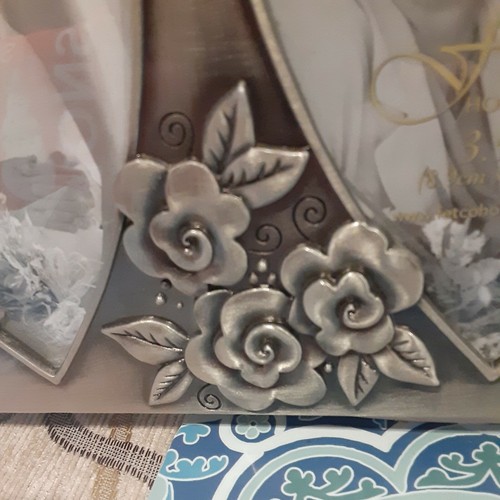 Then & Now Photo/Picture Frame by Fetco, Tarnished Nickel Finish, Heart & Roses - Picture 3 of 9