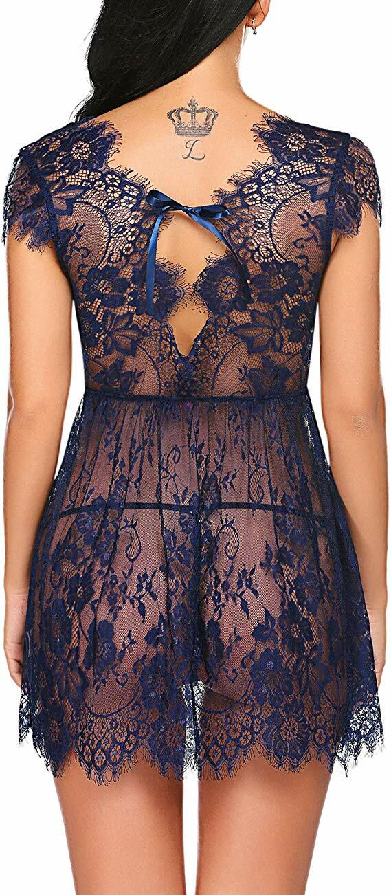 Women's Sexy Lingerie Eyelash Lace Babydoll Nightwear Dress Sleepwear Tong Set