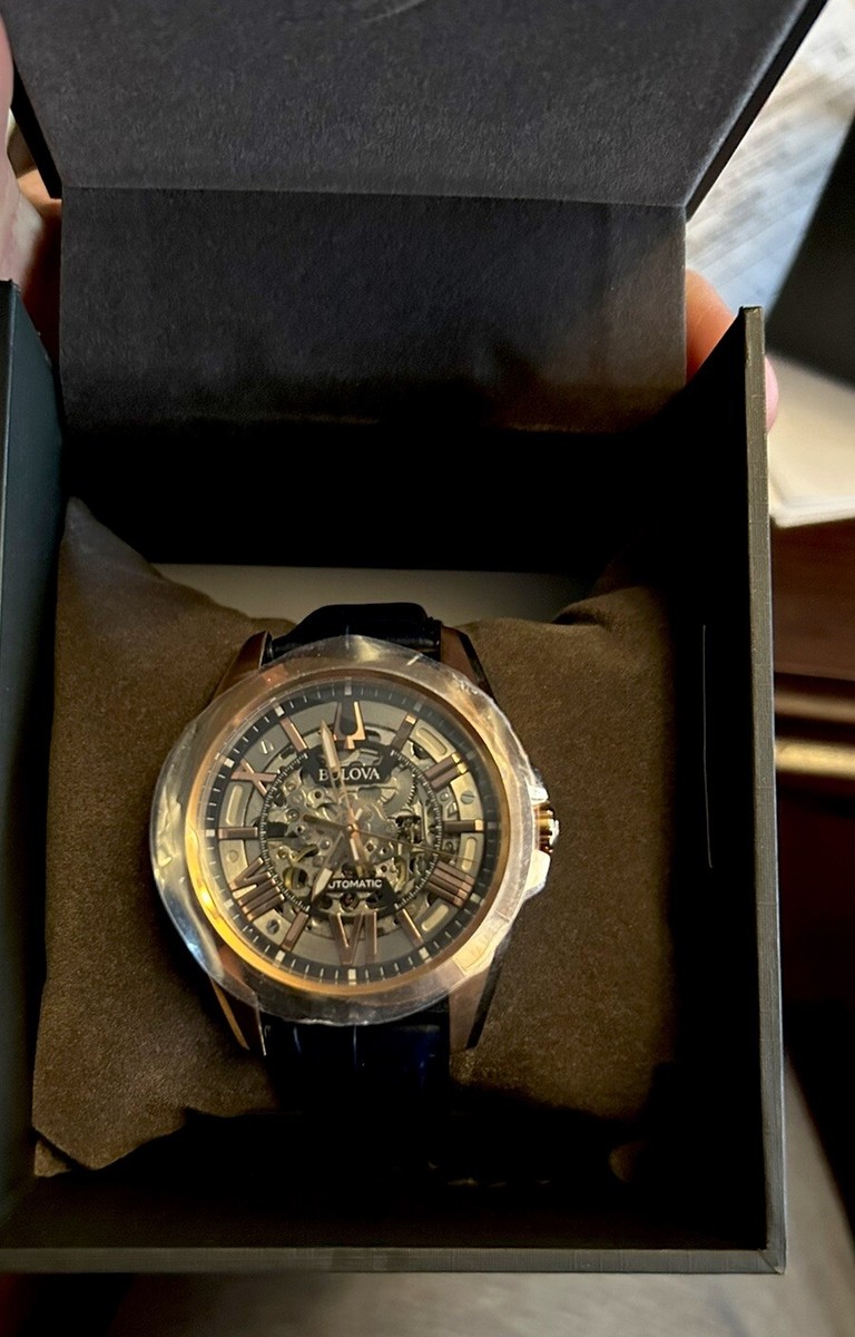 Bulova Sutton Automatic Skeleton Dial Rose Gold Case Blue Leather 