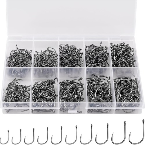500PCS Carbon Steel Fishing Hooks with Portable Box - 10 Sizes Included