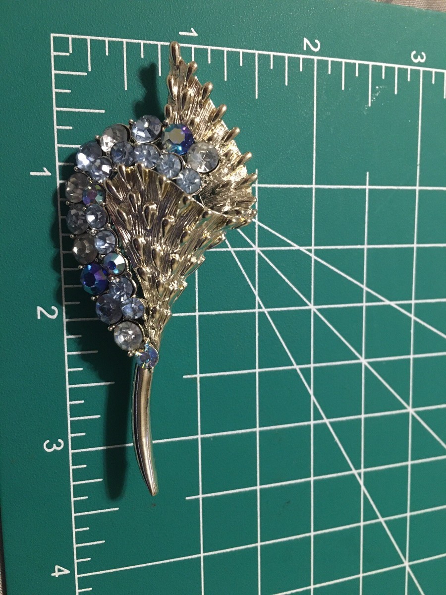 Vintage Coro Brooch Pin Blue AB Rhinestones Silver Tone Flower