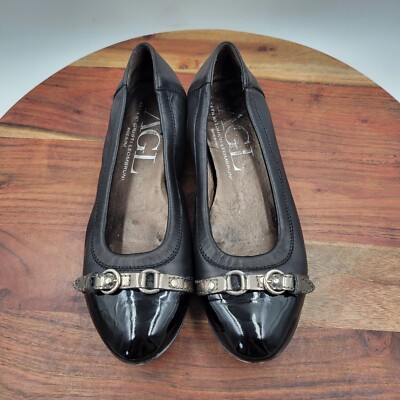 AGL Ballet Flat Shoes Womens 38 Black Silver Leather Cap Toe Horsebit  Loafer