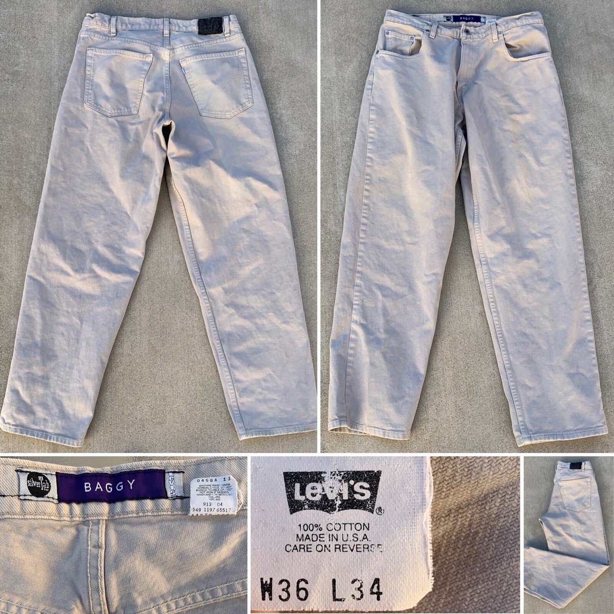 Vintage Levis silverTab Baggy Jeans Beige W 36 L 34 Made In Vintage Levis silverTab Baggy Jeans Beige W 36 L 34 Made In