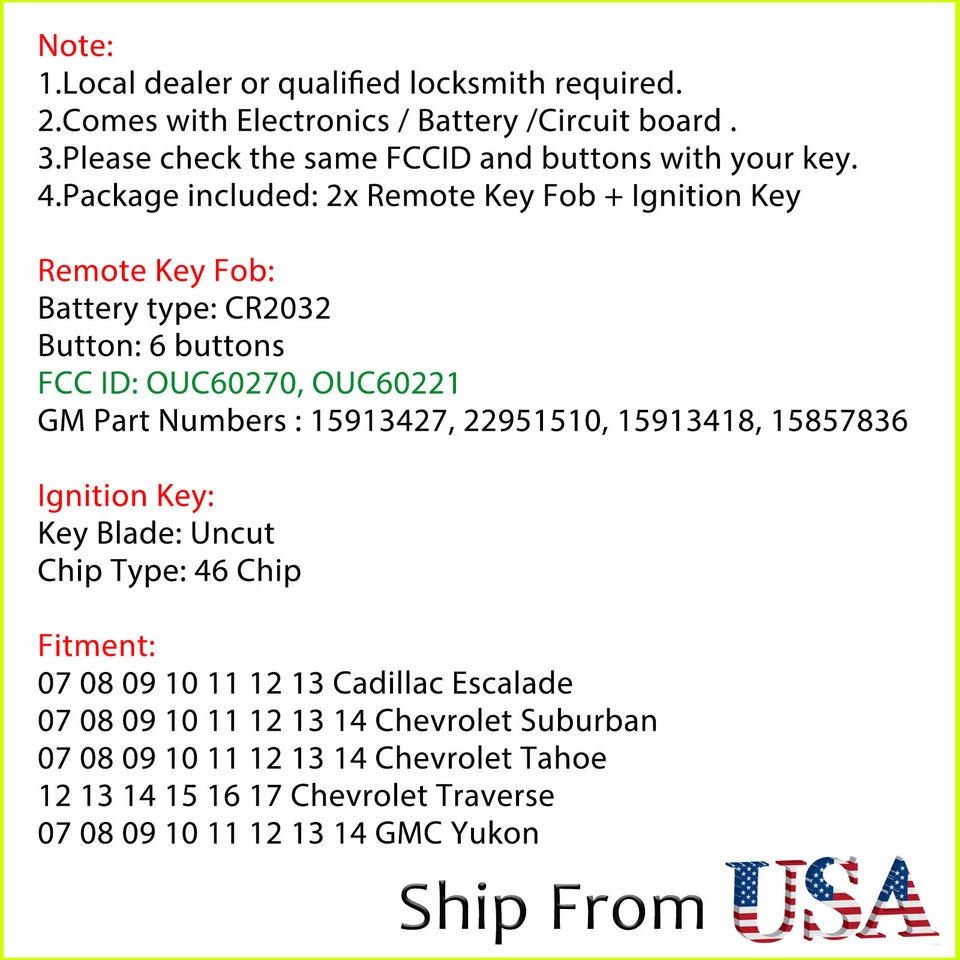 2 para Chevrolet Tahoe 2007 2008 2009 2010 2011 2012 2013 2014 mando a distancia + llave Foto 2 de 4