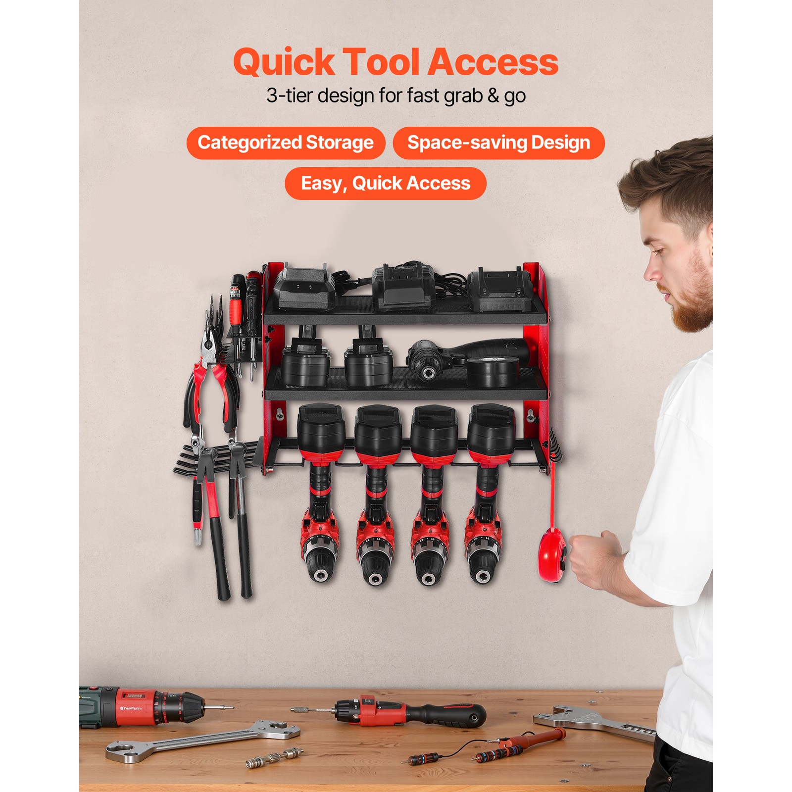 Rangement mural outils pour libérer l'établi encombré de chargeurs et forets