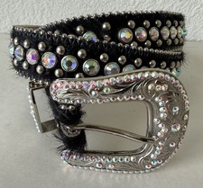 B.B. Simon Leather Faux Fur Belt Black W/ Rhi...