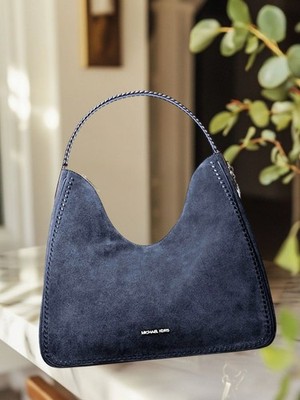 Michael Kors Nayla Women Medium Leather Suede Hobo Shoulder Handbag Navy Puede