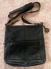 The Sak Iris Pebbled Black Leather Crossbody Purse Canvas Strap Lined Pockets