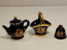 Vintage Limoges Miniature Teapot, Bell and Basket Cobalt Gold France