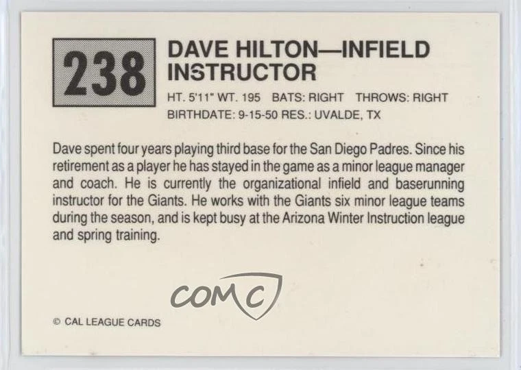 1989 Cal League California League Dave Hilton #238 - Image 2 of 2