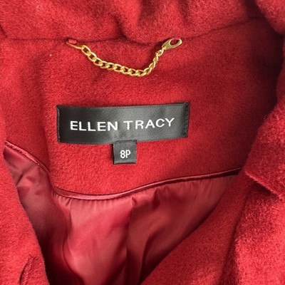 Ellen Tracy Wool Blend Pea Coat 8P Red Oversized Collar Button Front