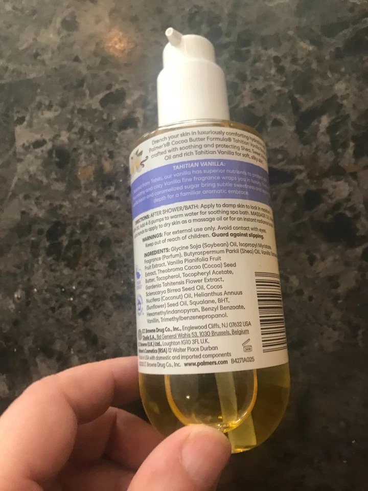 Aceite corporal fórmula de manteca de cacao Palmer's, vainilla de Tahití que empapa la humedad, Foto 4 de 4