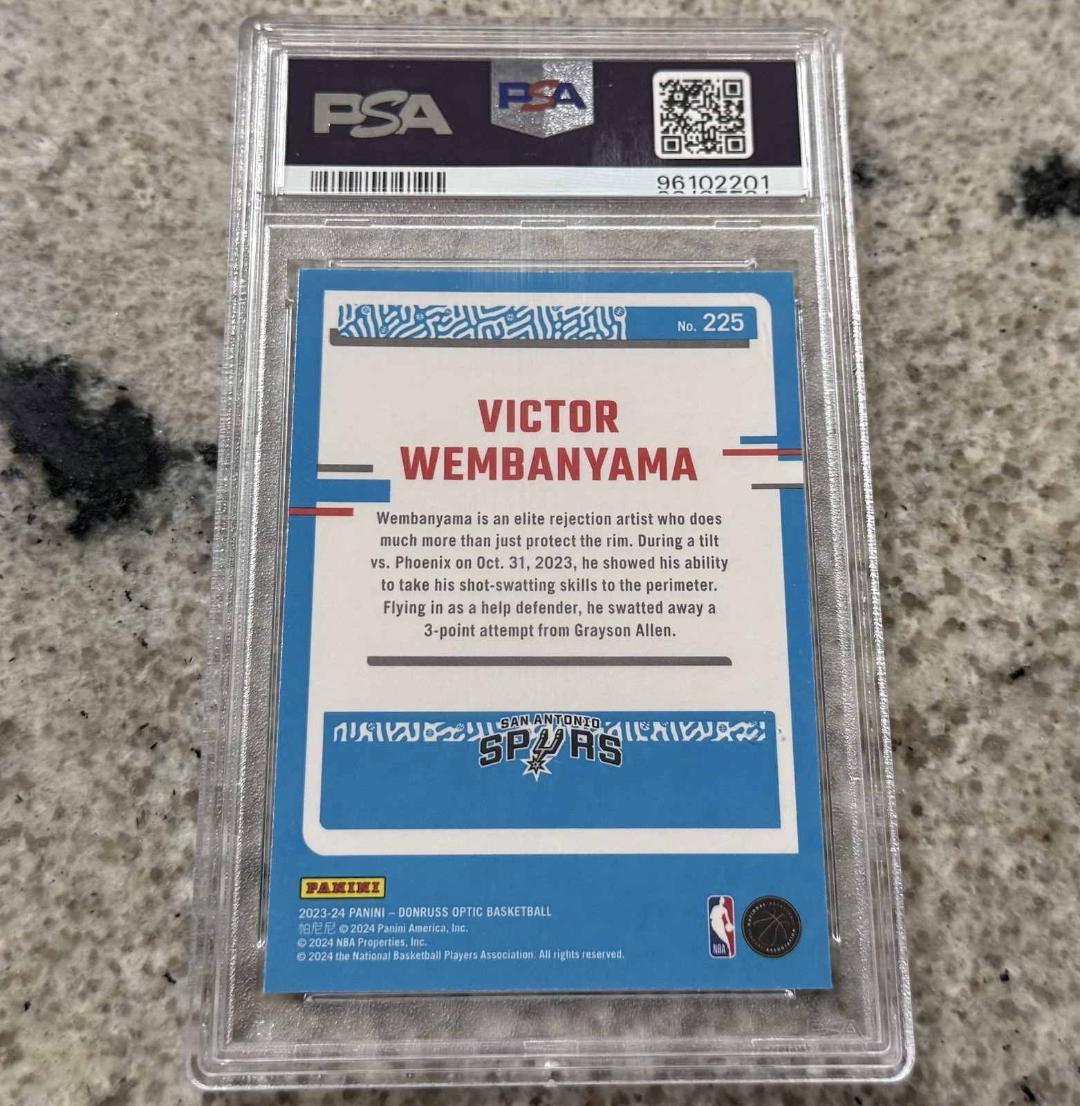 2023 Donruss Optic Victor Wembanyama #225 PSA 10 Gem Mint Rated Rookie RC Spurs view 3