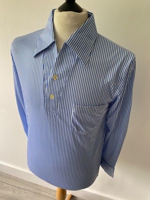 Vintage mens 70s BLUE STRIPE DAGGER COLLAR FITTED MOD LONG SLEEVE SHIRT 38''
